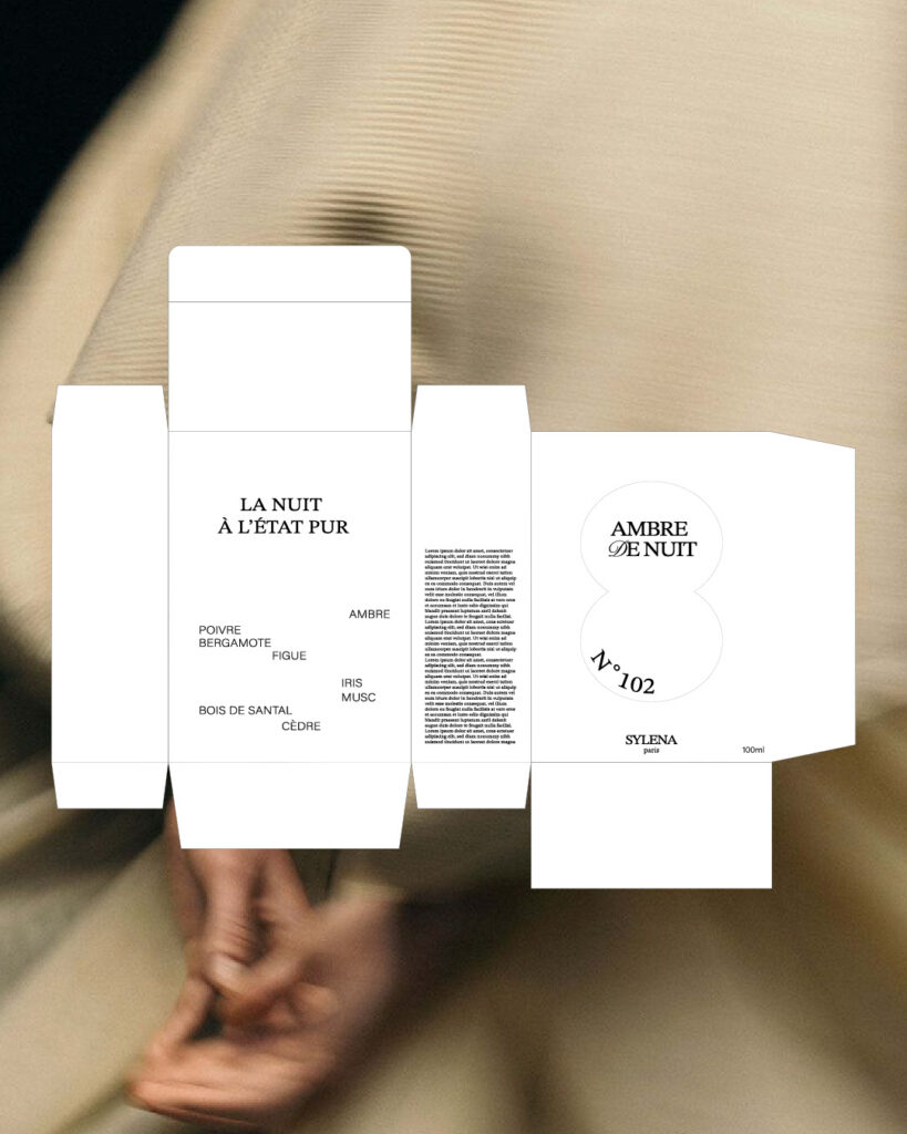 Conception et design structure de boîte pour parfum luxe SYLENA – modèle Ambre de Nuit